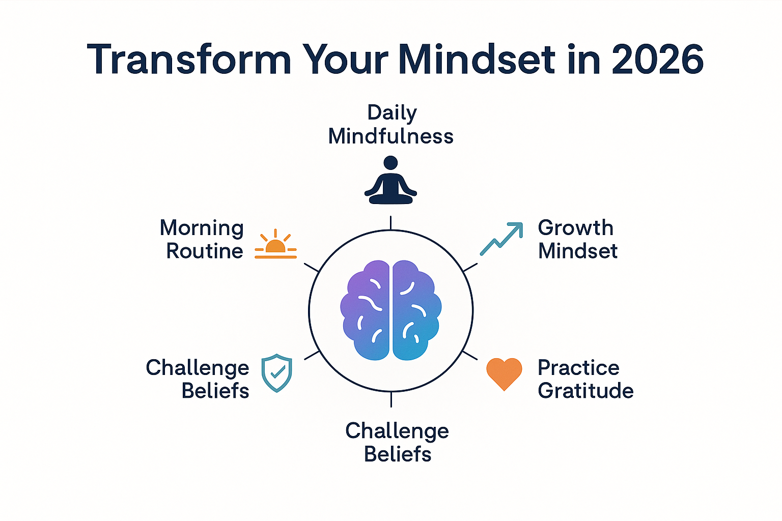 Professional landscape infographic (1536x1024) for section "Mindset & Mental Wellness Transformations". Type: Visual Framework Infographic.