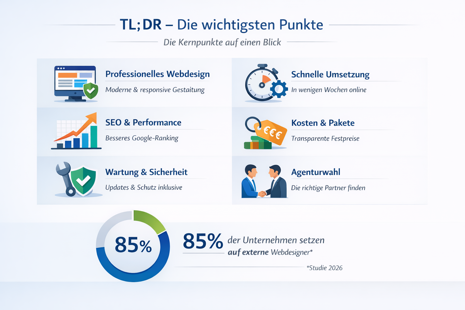 Professional infographic for article "Webseite erstellen lassen: Der komplette Guide für 2026", section: "TL;DR – Die wichtigsten Punkte". I - Webseite erstellen lassen 2 Professional infographic for article "Webseite erstellen lassen: Der komplette Guide für 2026", section: "TL;DR – Die wichtigsten Punkte". I