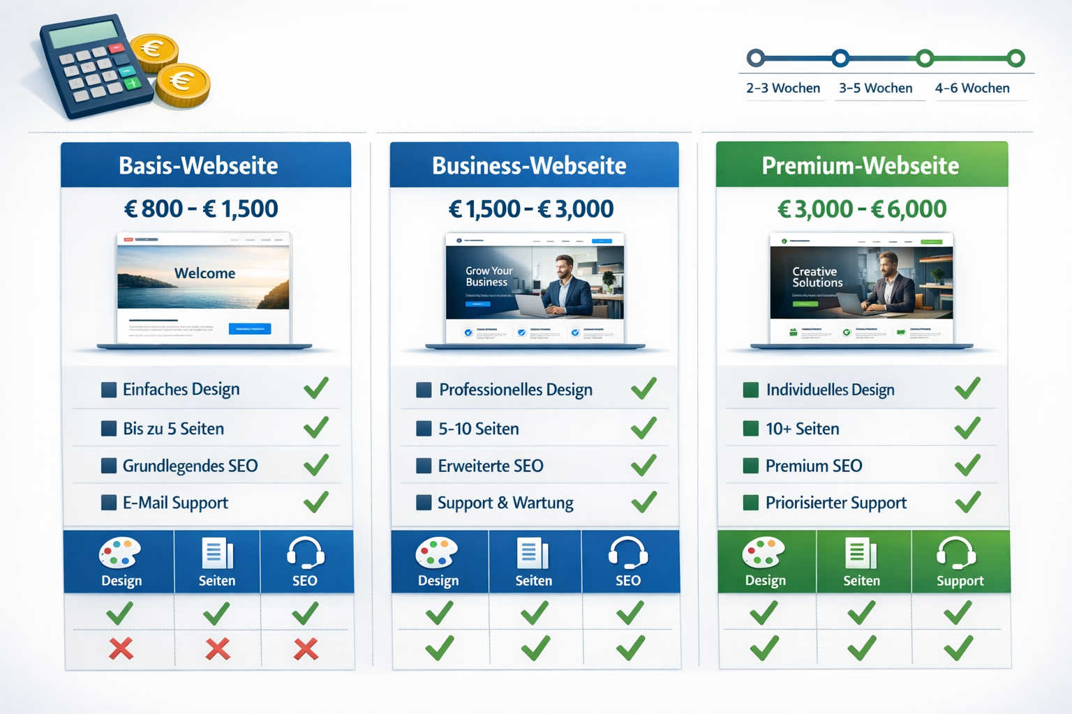 Landscape format (1536x1024) detailed cost breakdown infographic showing three-tier pricing structure for website creation services. Visual - Webseite erstellen lassen 3 Landscape format (1536x1024) detailed cost breakdown infographic showing three-tier pricing structure for website creation services. Visual