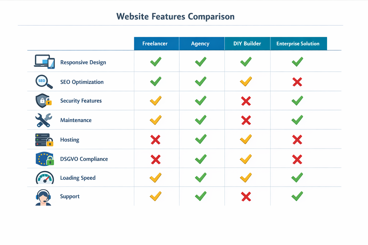 Landscape format (1536x1024) feature comparison matrix showing essential website elements across different service providers. Visual grid la - Webseite erstellen lassen 5 Landscape format (1536x1024) feature comparison matrix showing essential website elements across different service providers. Visual grid la