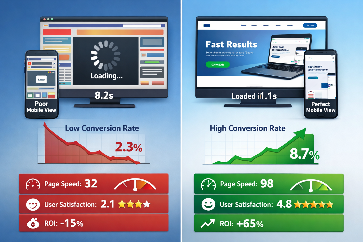 Landscape format (1536x1024) before-and-after transformation showcase displaying outdated website on left (cluttered design, slow loading in - Webseite erstellen lassen 6 Landscape format (1536x1024) before-and-after transformation showcase displaying outdated website on left (cluttered design, slow loading in