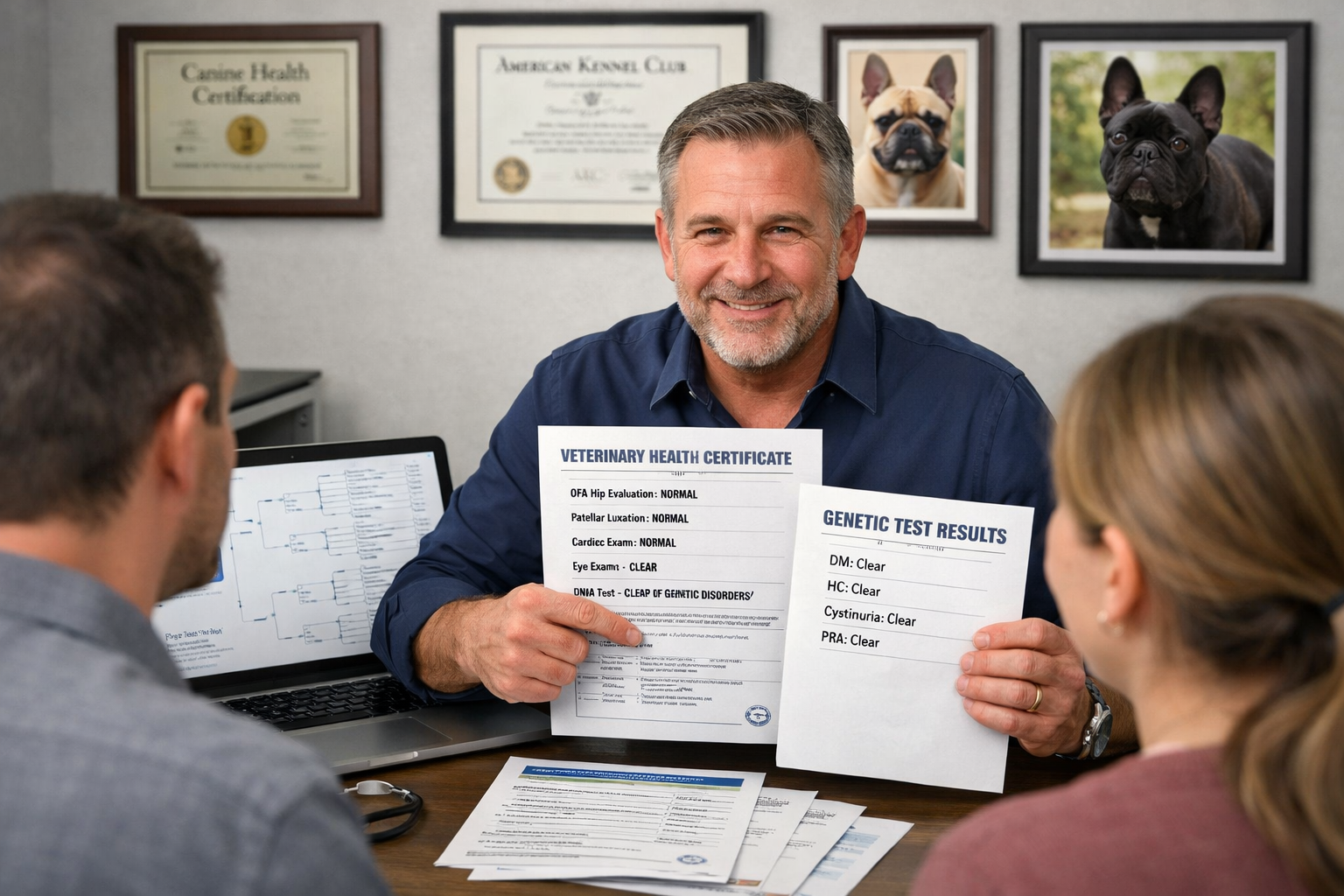 Portrait format (1024x1536) image showing professional French Bulldog breeder presenting health certificates and genetic testing documents t