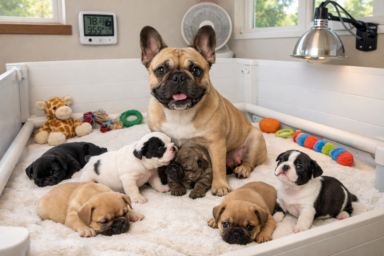 Portrait format (1024x1536) image depicting French Bulldog mother with her litter of puppies in a pristine, spacious whelping area. Clean be