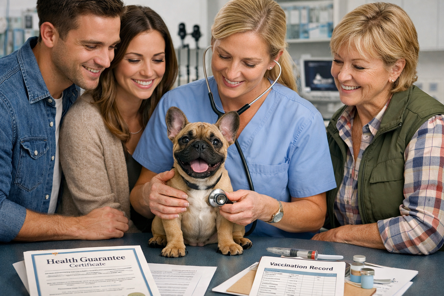 Portrait format (1024x1536) image showing happy French Bulldog puppy being examined by veterinarian while new owners observe. Vet checking b