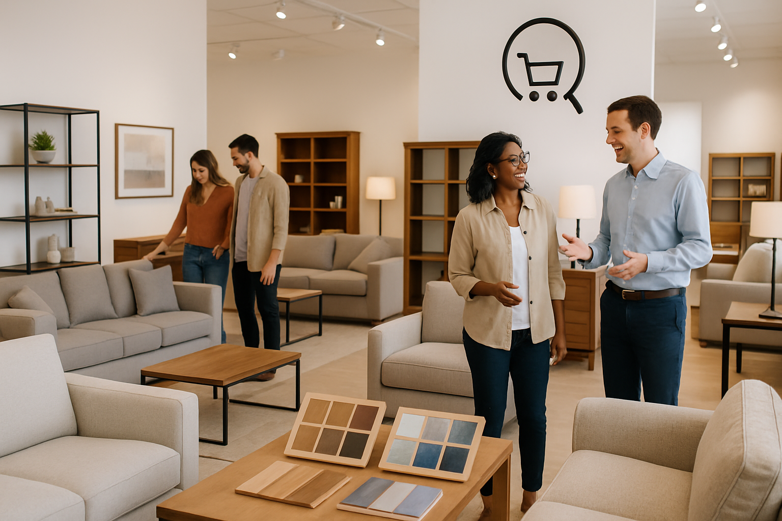 An inviting, well-organized home improvement furniture showroom with diverse furniture styles (modern, traditional, transitional) on display