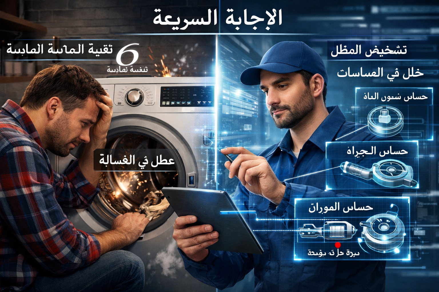 Dramatic split-screen editorial image for 'الإجابة السريعة' section: Left side shows a frustrated homeowner examining a