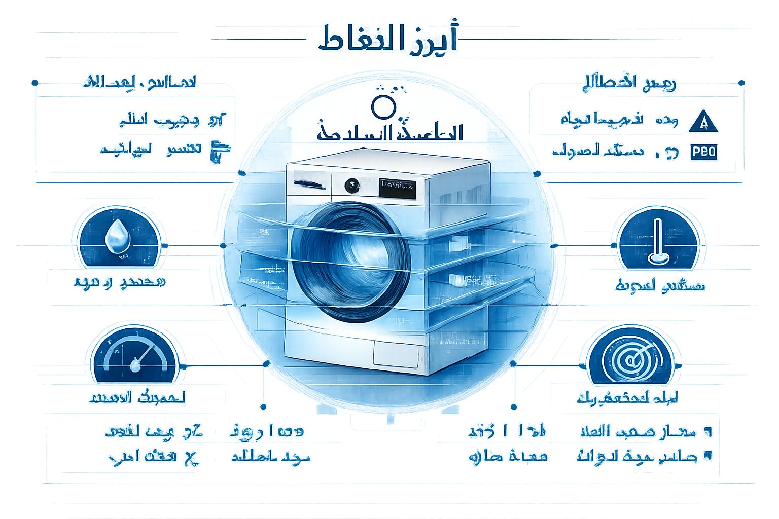 Infographic-style visualization for 'أبرز النقاط' section depicting key insights about 6th Sense washing machine sensor