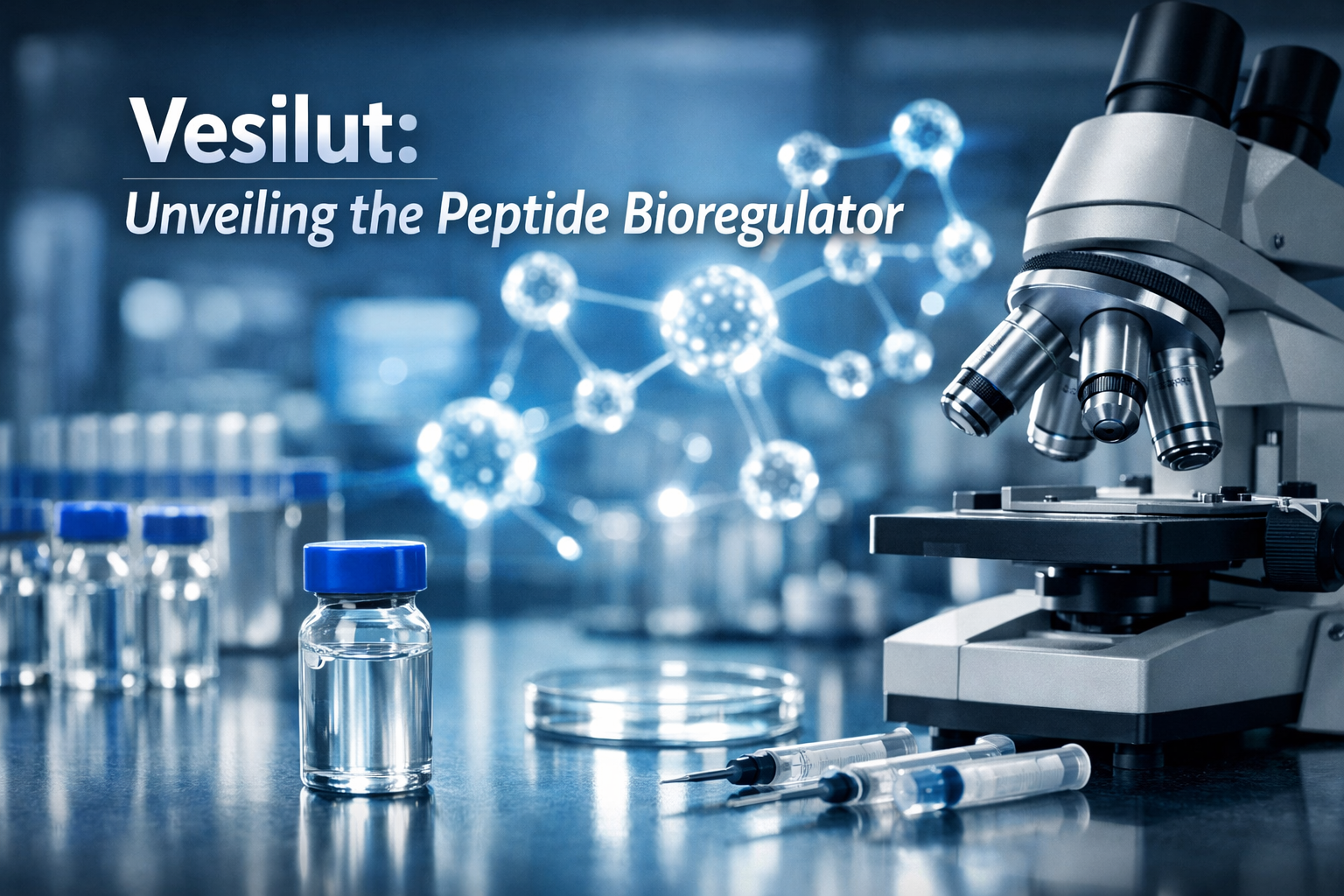 Professional landscape hero image (1536x1024) with bold text overlay: 'Vesilut: Unveiling the Peptide Bioregulator', modern sans-serif 72pt 
