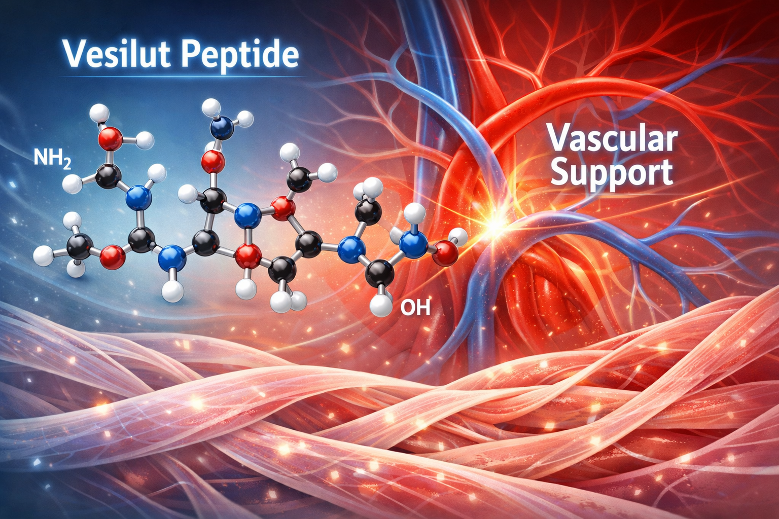 A detailed illustration showing the molecular structure of vesilut, with an abstract representation of its potential interaction with the va