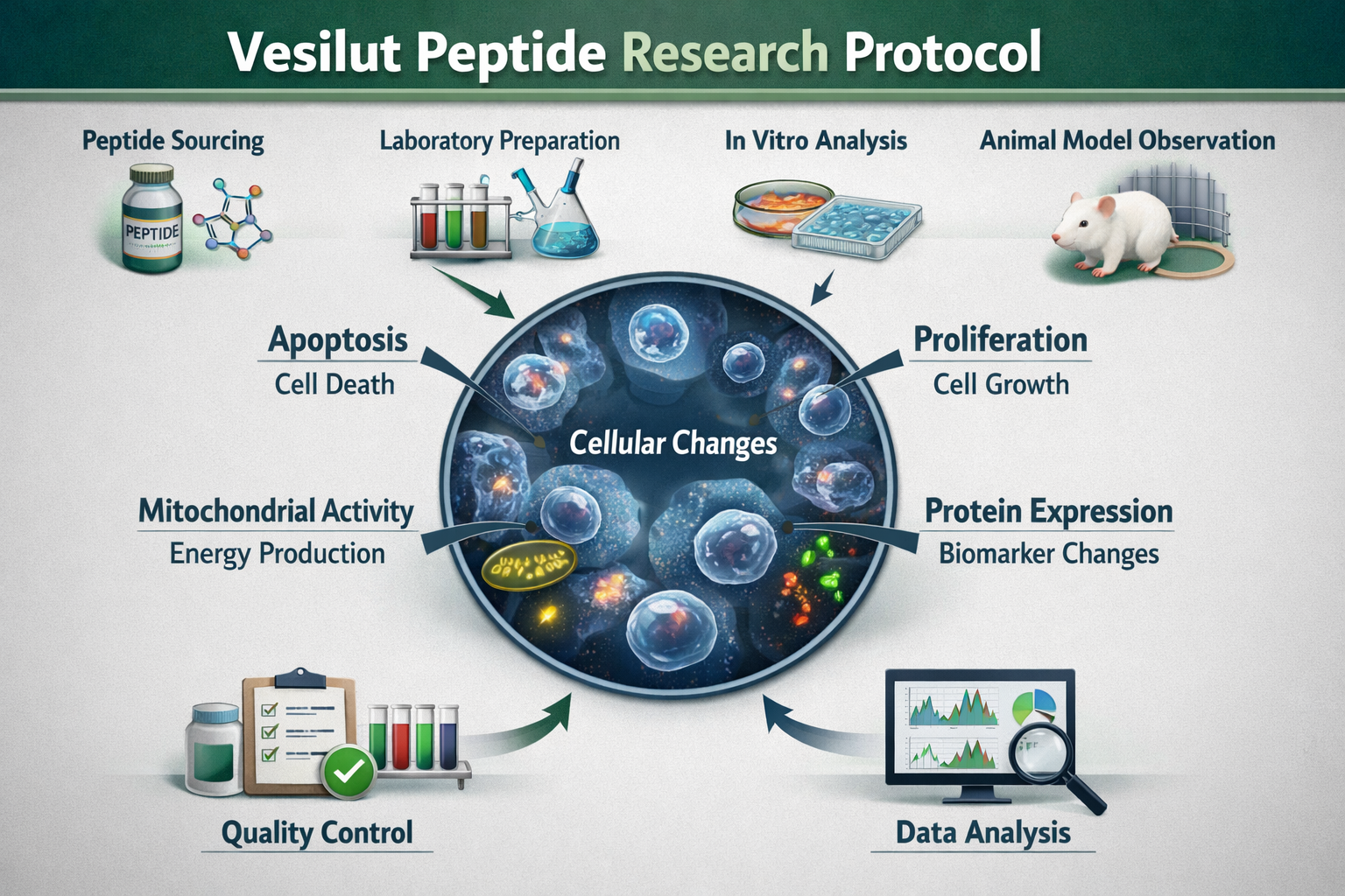 An infographic detailing a hypothetical research protocol for vesilut peptide studies, including steps like 'Peptide Sourcing,' 'Laboratory 