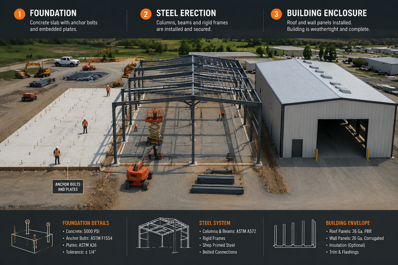Detailed () technical illustration and real-photo composite showing the sequential phases of metal building construction: