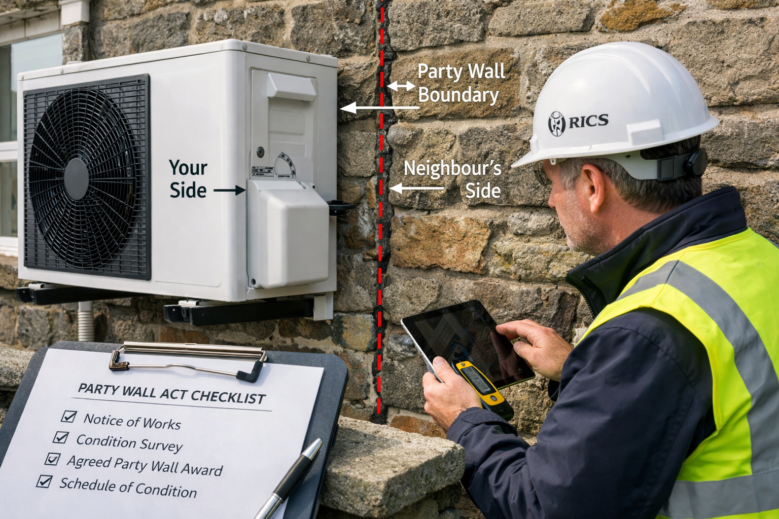 Detailed () image showing RICS-qualified surveyor conducting party wall inspection at Welsh terraced property, surveyor