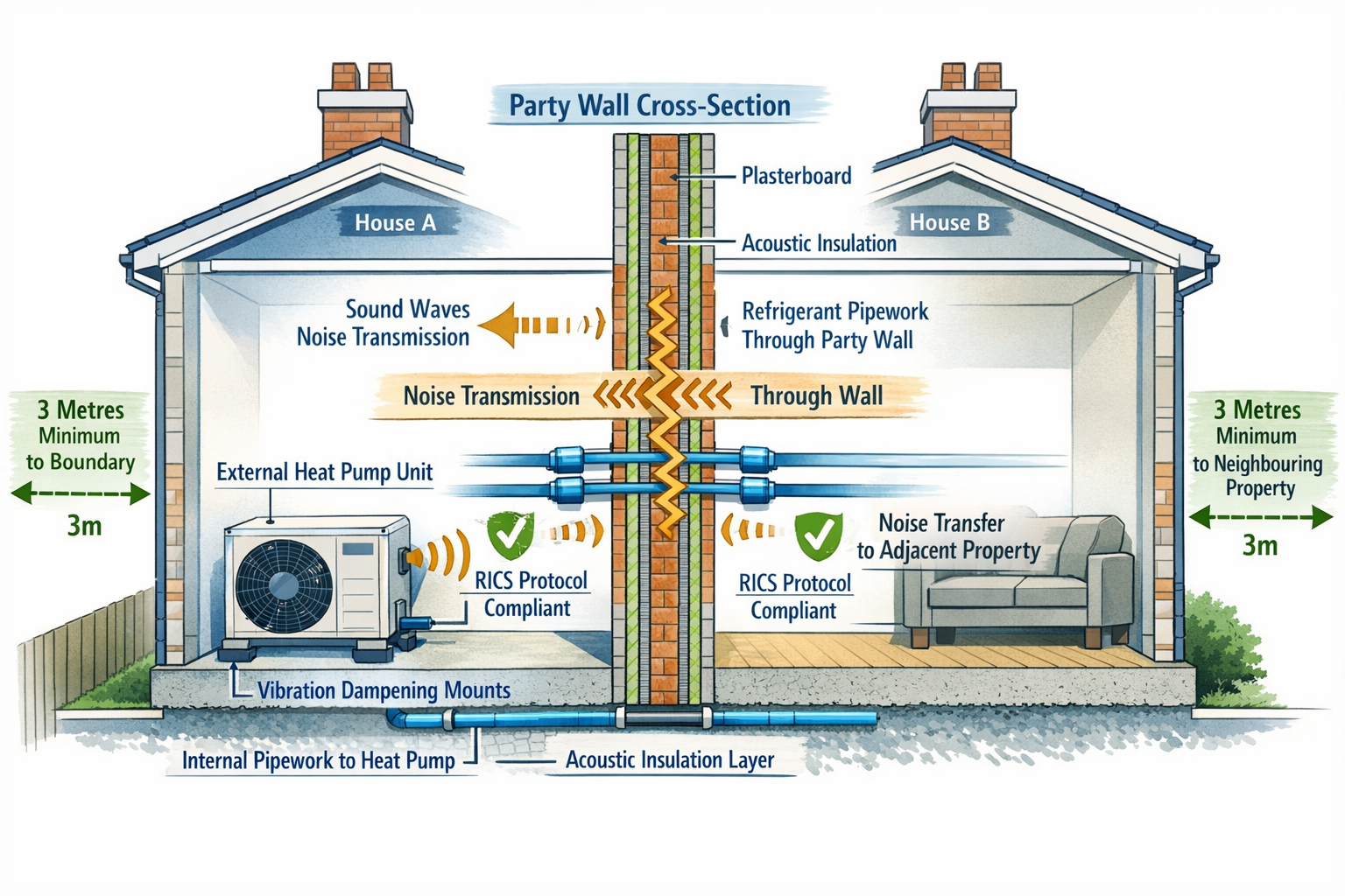 Comprehensive () technical diagram illustration showing cross-section view of Welsh terraced housing party wall with heat