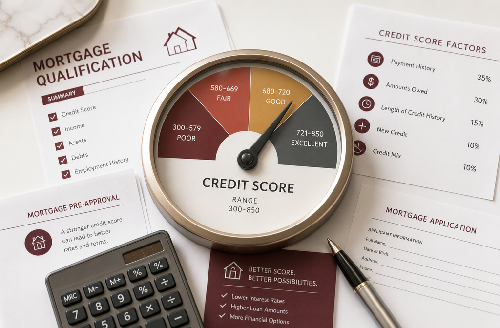 Close-up () of a credit score gauge dial prominently centered, needle pointing to the 680-720 range highlighted in gold,