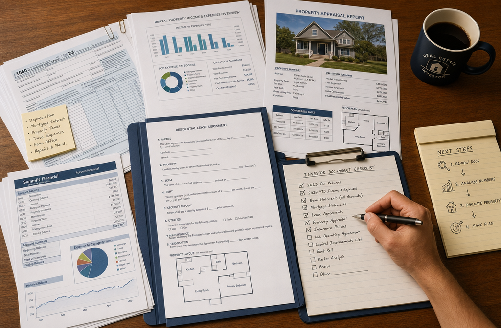 () showing a bird's-eye view of a real estate investor's organized document checklist spread across a wooden desk — tax