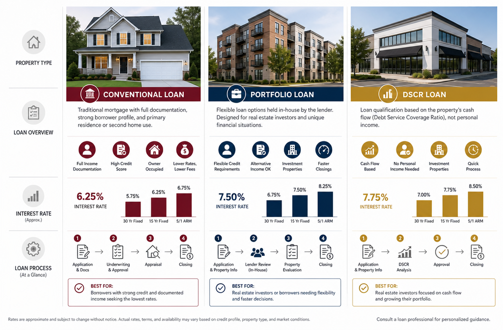 () infographic-style illustration showing a side-by-side comparison of conventional loan vs portfolio loan vs DSCR loan as