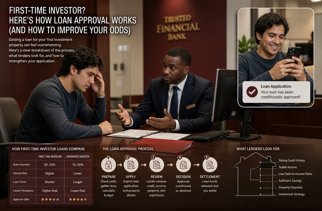 () showing a frustrated first-time investor sitting across from a loan officer at a bank desk, with a visible rejected stamp