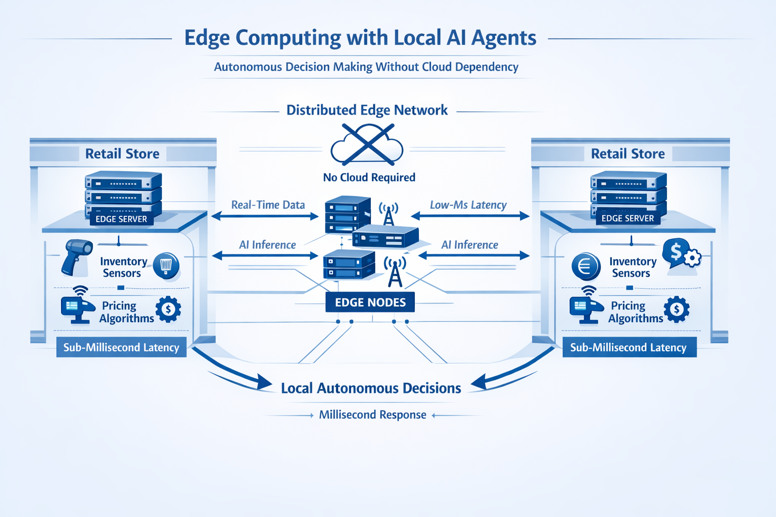 () technical diagram showing edge computing architecture with local AI agents at retail store locations, data flowing