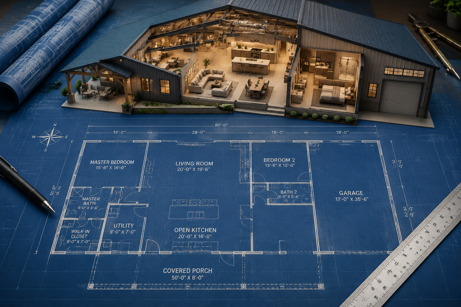 Detailed () architectural illustration showing a flat 2D floor plan blueprint of a metal barndominium home laid on a