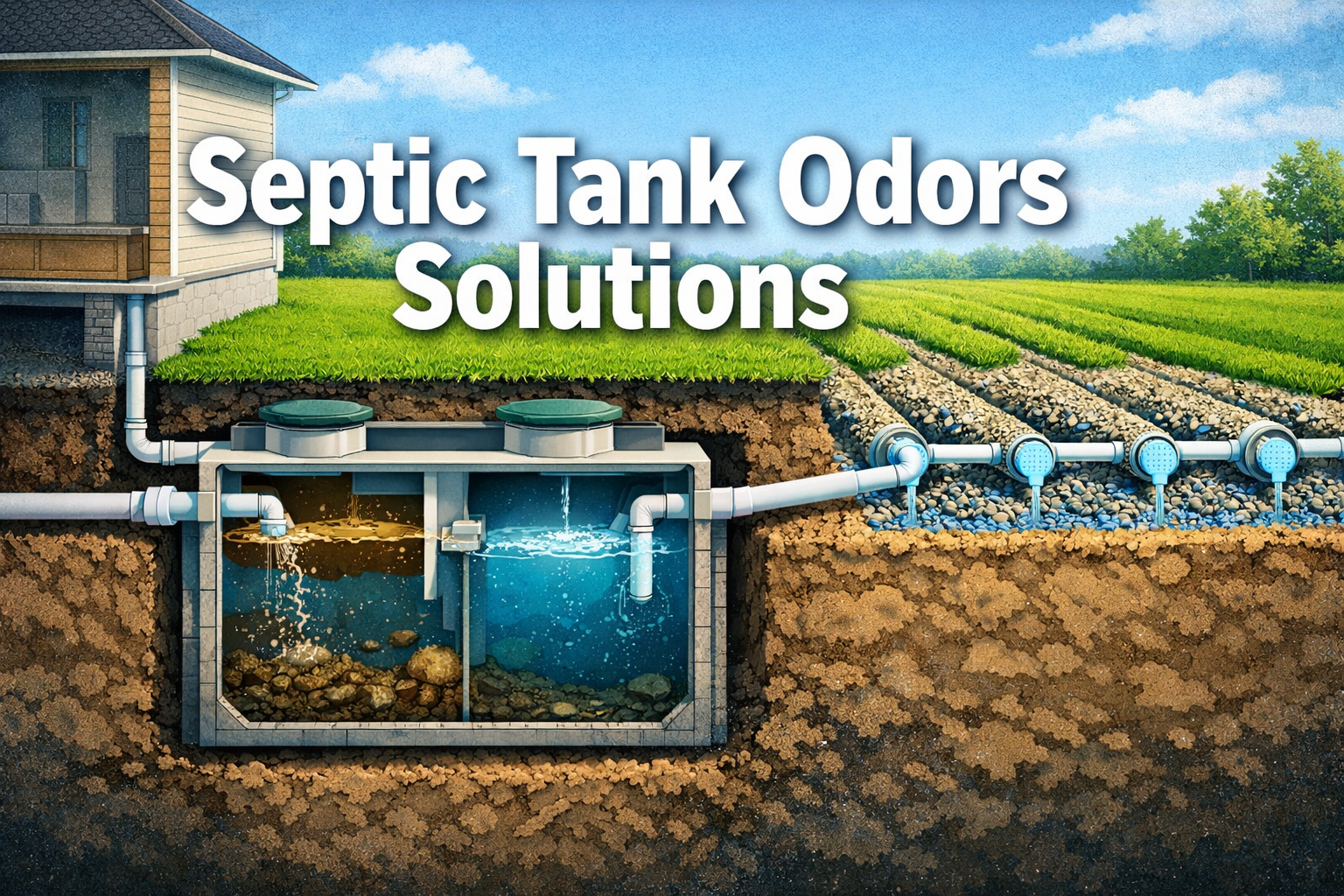 Professional landscape format (1536x1024) hero image featuring bold text overlay 'Septic Tank Odors Solutions' in extra large 72pt white san