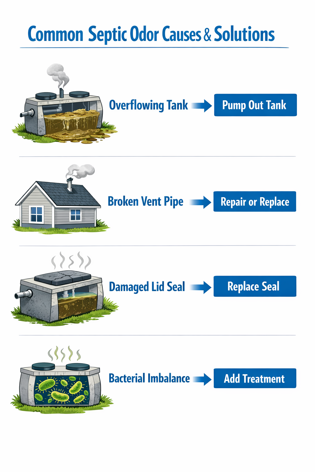 Portrait format (1024x1536) infographic showing common septic odor causes with illustrated icons: overflowing tank, broken vent pipe, damage