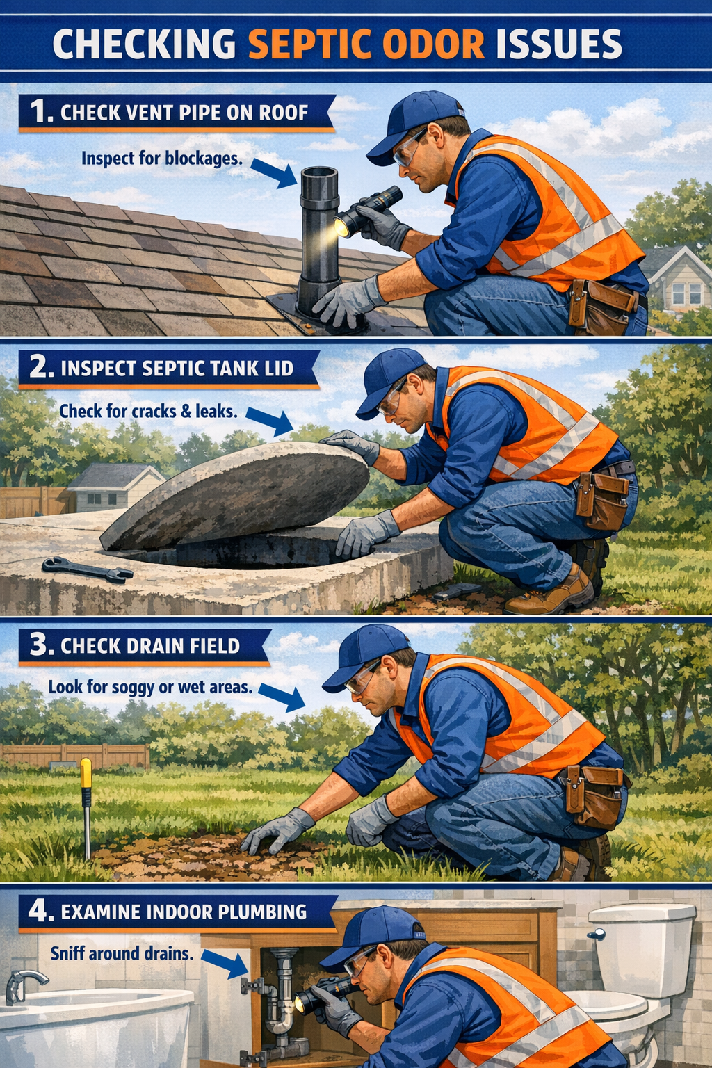 Portrait format (1024x1536) step-by-step visual guide showing homeowner performing septic odor diagnostics. Split into numbered panels: chec