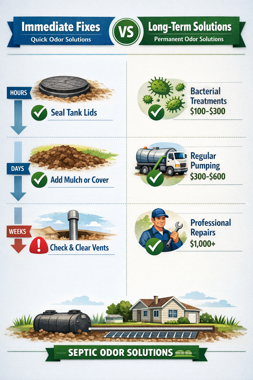Portrait format (1024x1536) comparison chart showing immediate vs long-term septic odor solutions. Left side shows quick fixes like sealing 