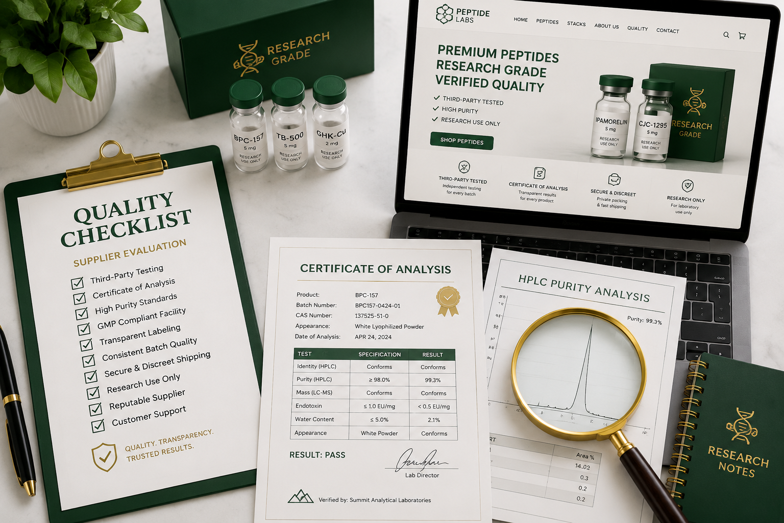 Detailed () flat-lay overhead shot of a researcher's desk showing a checklist clipboard titled 'Peptide Supplier Quality