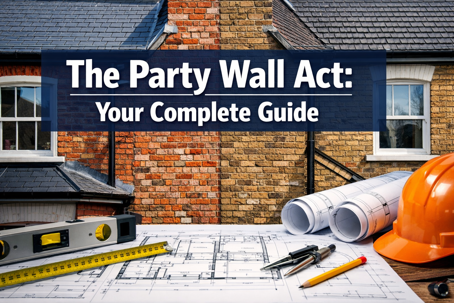 Professional landscape hero image (1536x1024) featuring bold text overlay 'The Party Wall Act: Your Complete Guide' in extra large 72pt whit