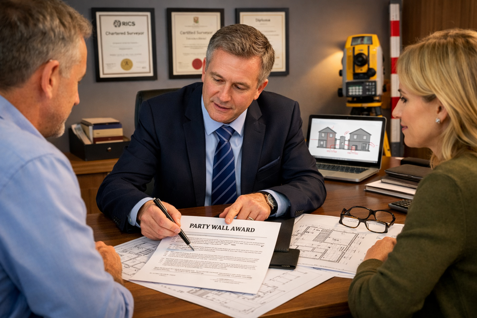 Professional landscape photograph (1536x1024) depicting a party wall dispute resolution scenario with two property owners meeting with a cha