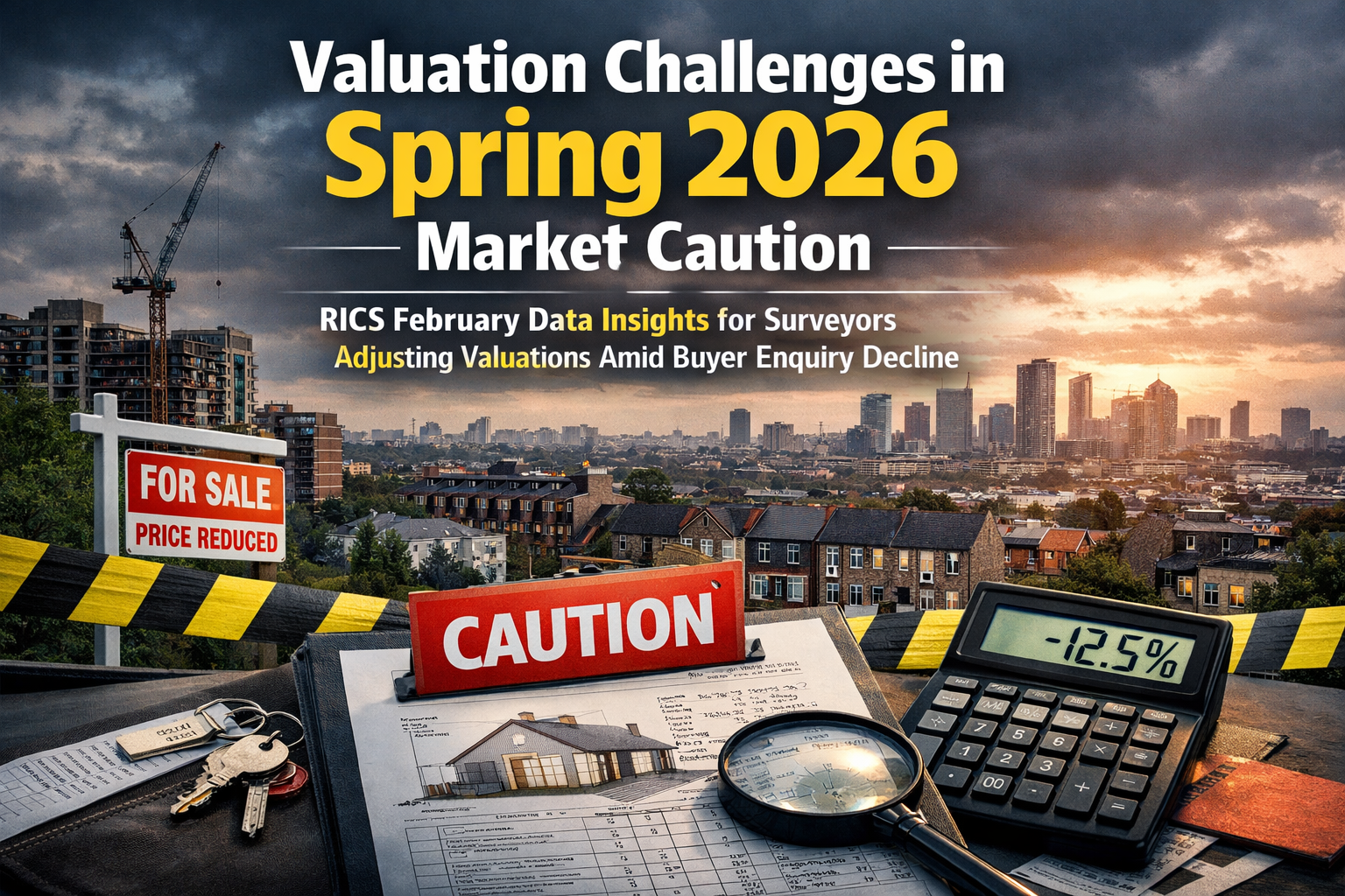 Professional landscape hero image () with : "Valuation Challenges in Spring 2026 Market Caution: RICS February Data Insights