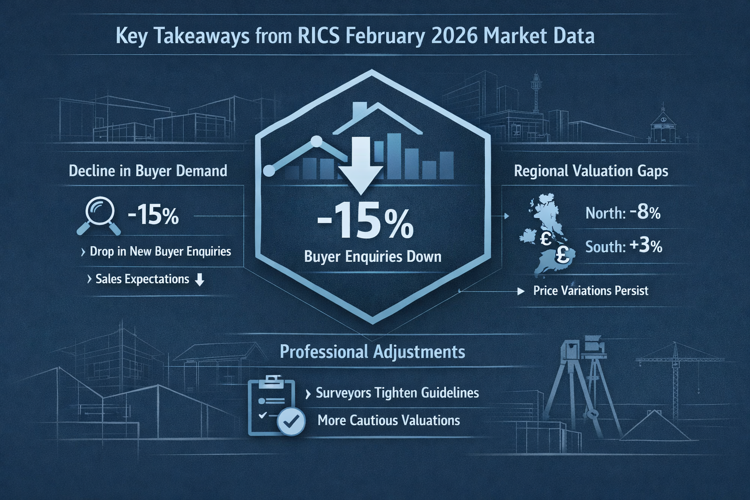 A dynamic editorial infographic showcasing Key Takeaways from RICS February 2026 Market Data, featuring a central hexagonal