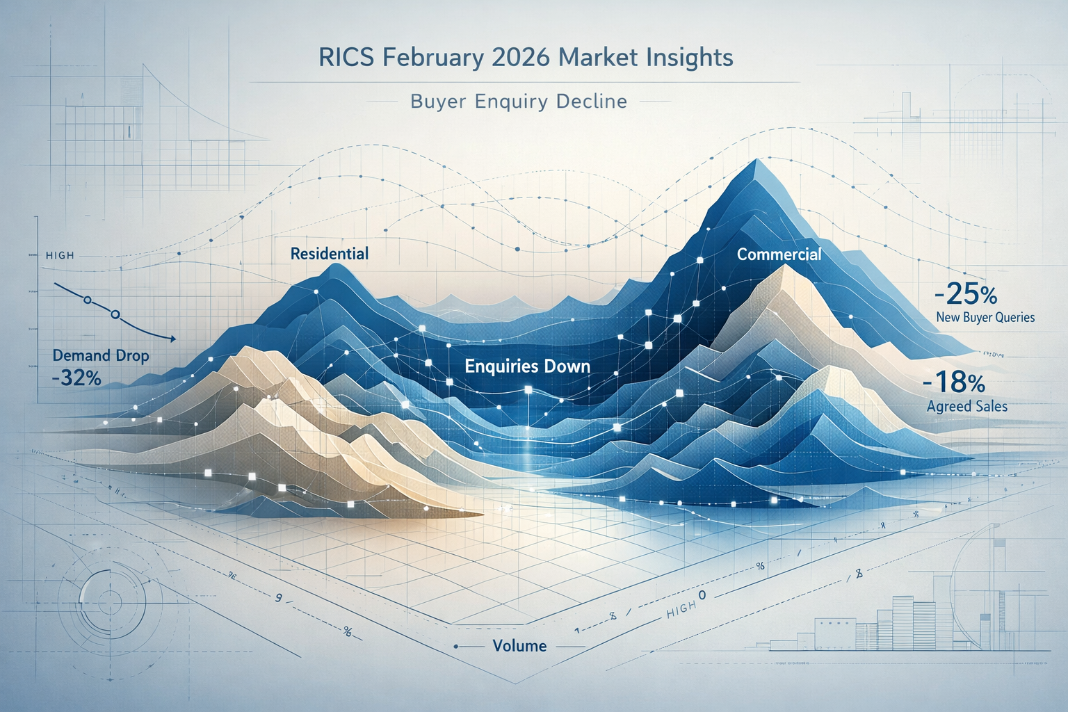 An analytical data landscape visualization representing RICS February 2026 numerical insights, featuring a topographical