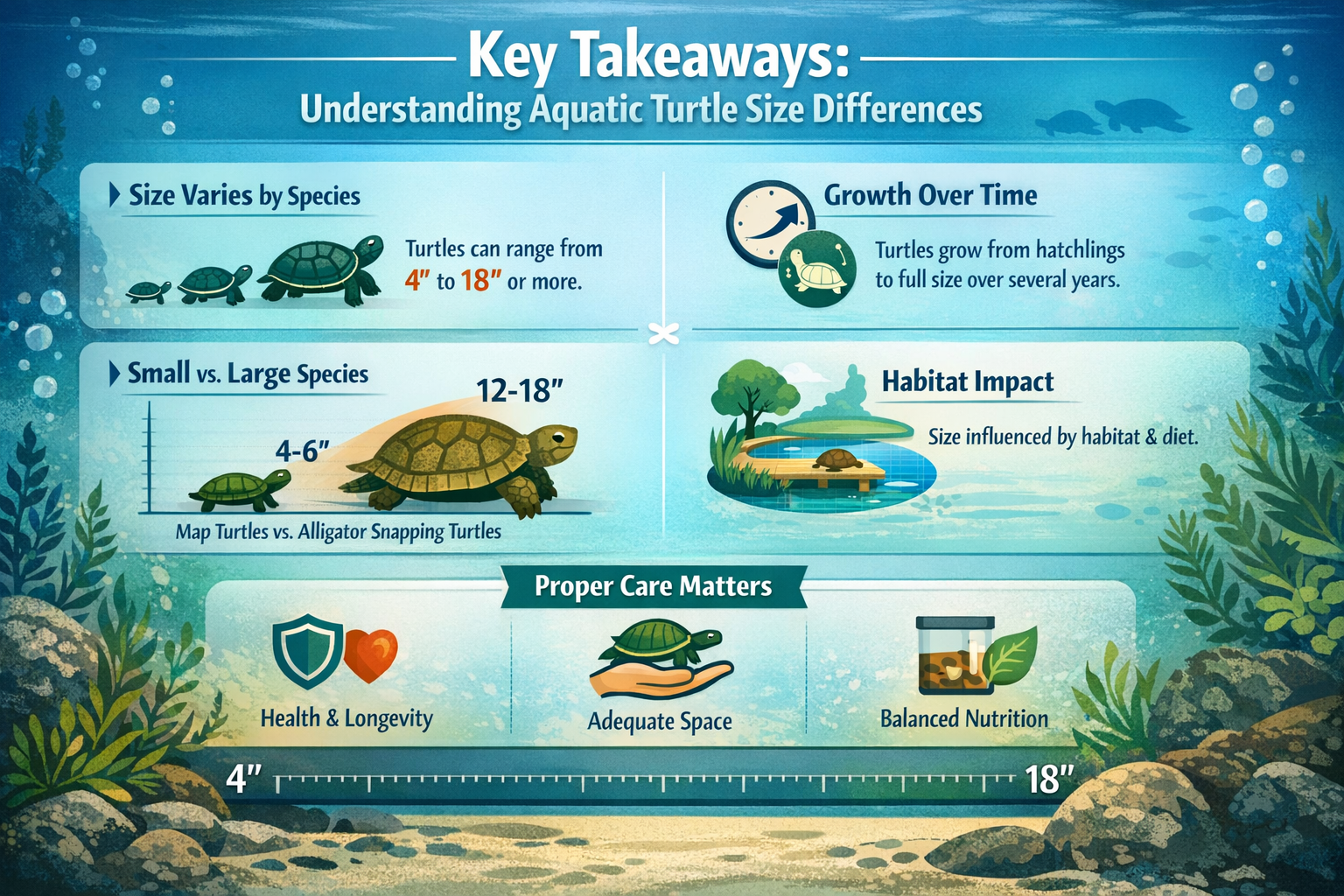 Professional landscape infographic (1536x1024) for article "Understanding Aquatic Turtle Size Differences: A Comprehensive Guide to Species 