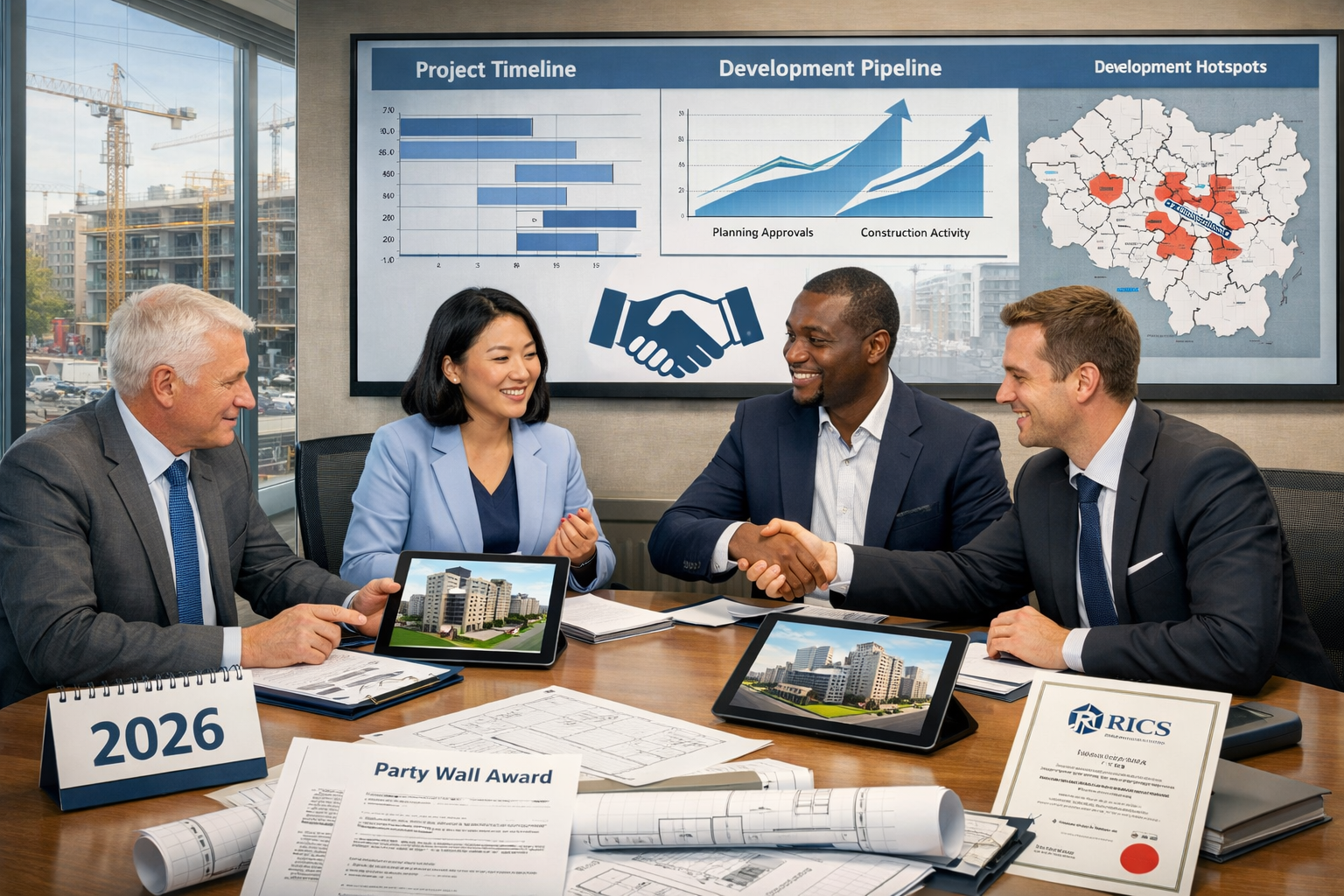 Landscape format (1536x1024) modern professional scene showing party wall surveyor consultation in 2026. Central composition features divers