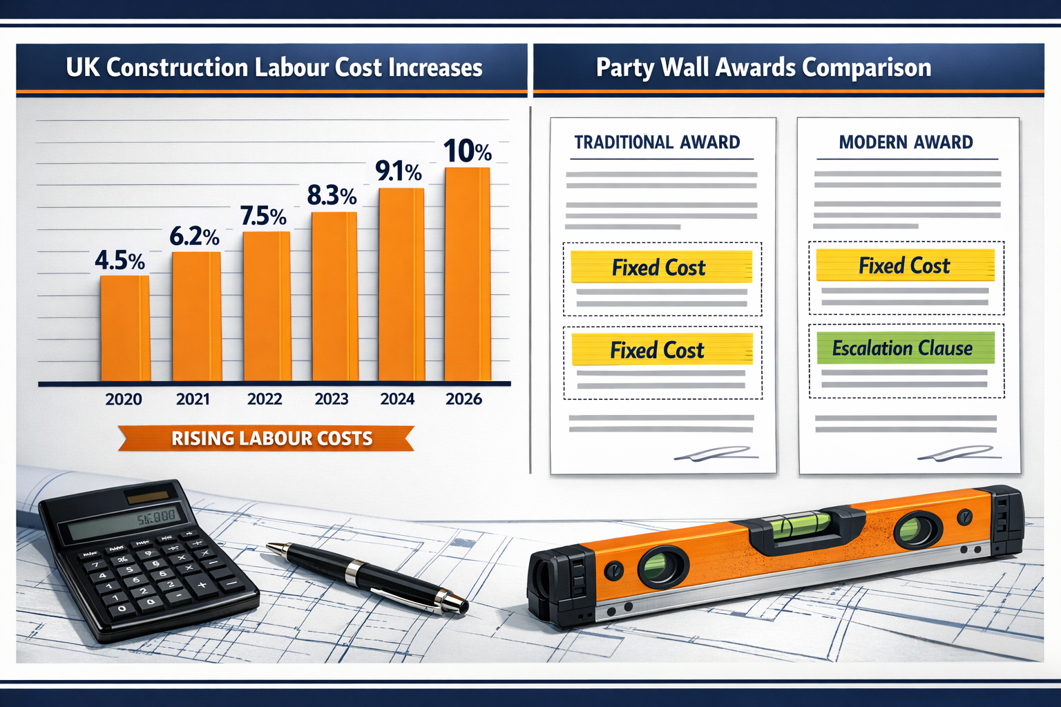 Landscape format (1536x1024) detailed infographic showing two side-by-side comparison charts: left chart displays UK construction labor cost