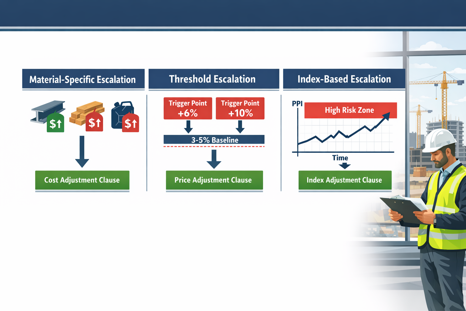 Landscape format (1536x1024) visual diagram showing three distinct escalation clause models as interconnected flowcharts: Material-Specific