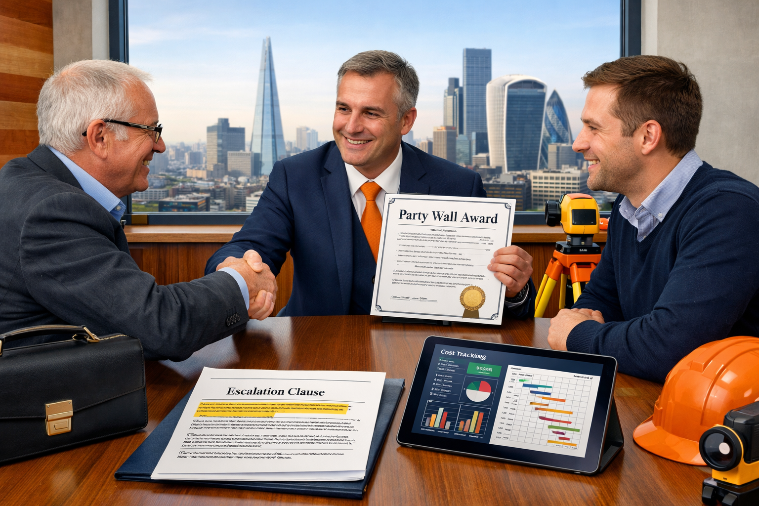 Landscape format (1536x1024) professional scene showing party wall surveyor presenting award document to building owner and adjoining owner