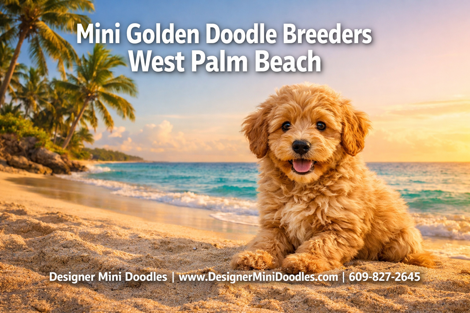 Professional () hero image with : 'Mini Golden Doodle Breeders West Palm Beach' in extra large white with dark drop ,