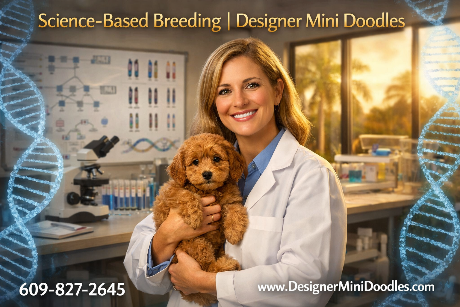 () editorial image showing a professional animal biology lab setting with DNA helix graphics overlaid, a confident female