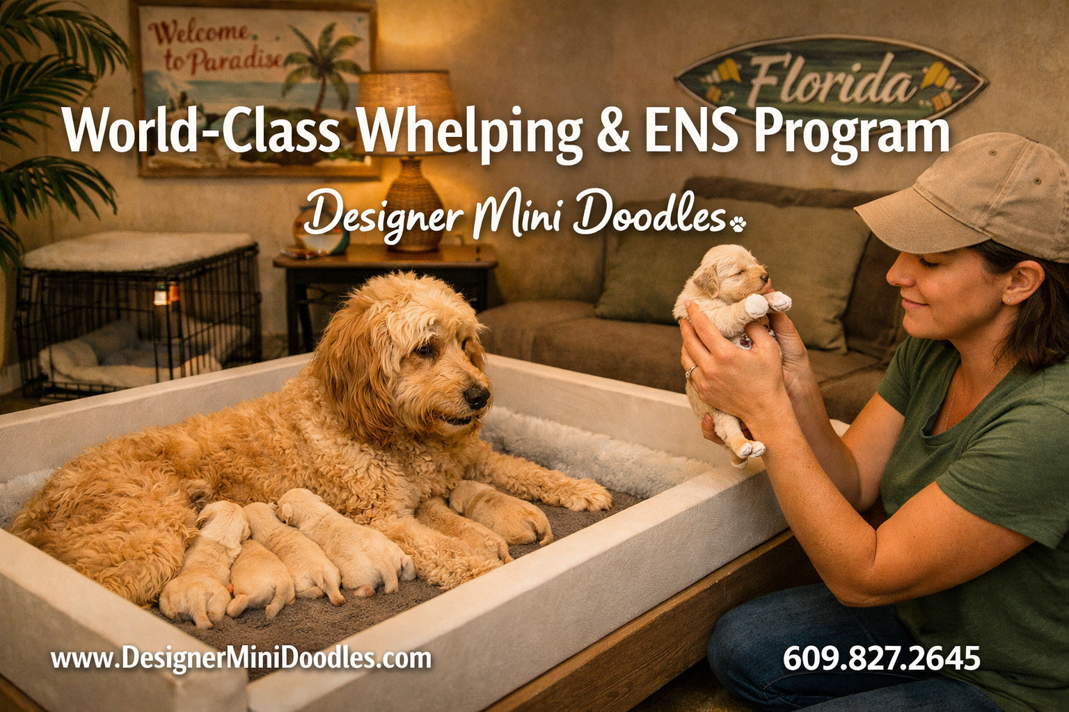 () depicting a warm, cozy professional whelping room with a golden doodle mother nursing newborn puppies in a clean padded