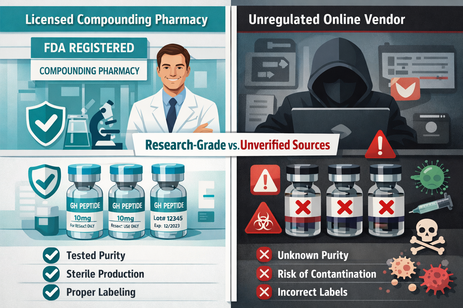 Detailed () infographic-style illustration showing a side-by-side comparison of GH peptide sourcing options: left panel