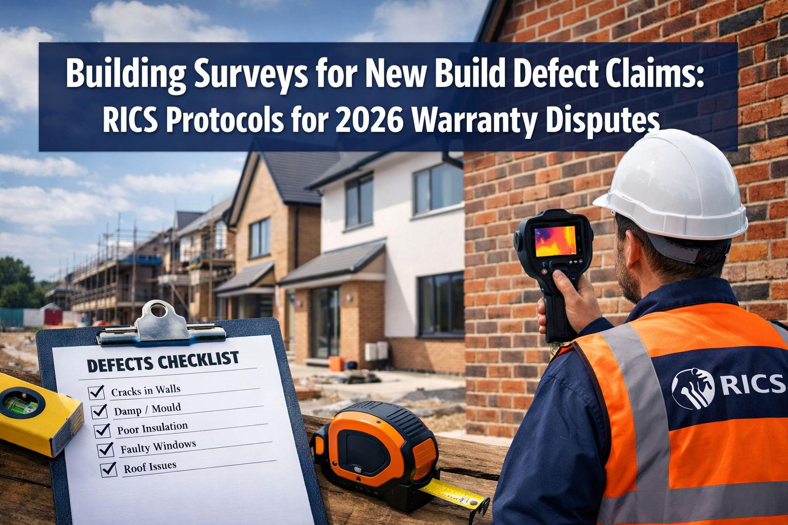 Professional () hero image featuring 'Building Surveys for New Build Defect Claims: RICS Protocols for 2026 Warranty