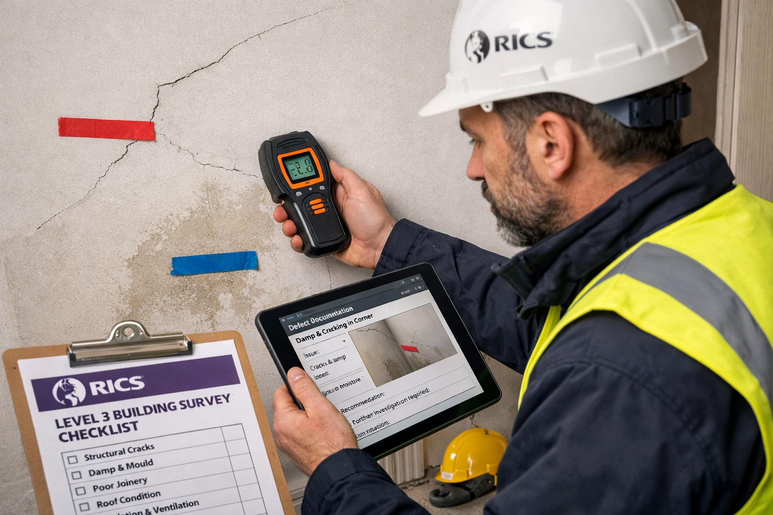 Detailed () image showing close-up of RICS chartered surveyor conducting Level 3 building survey inspection on new build