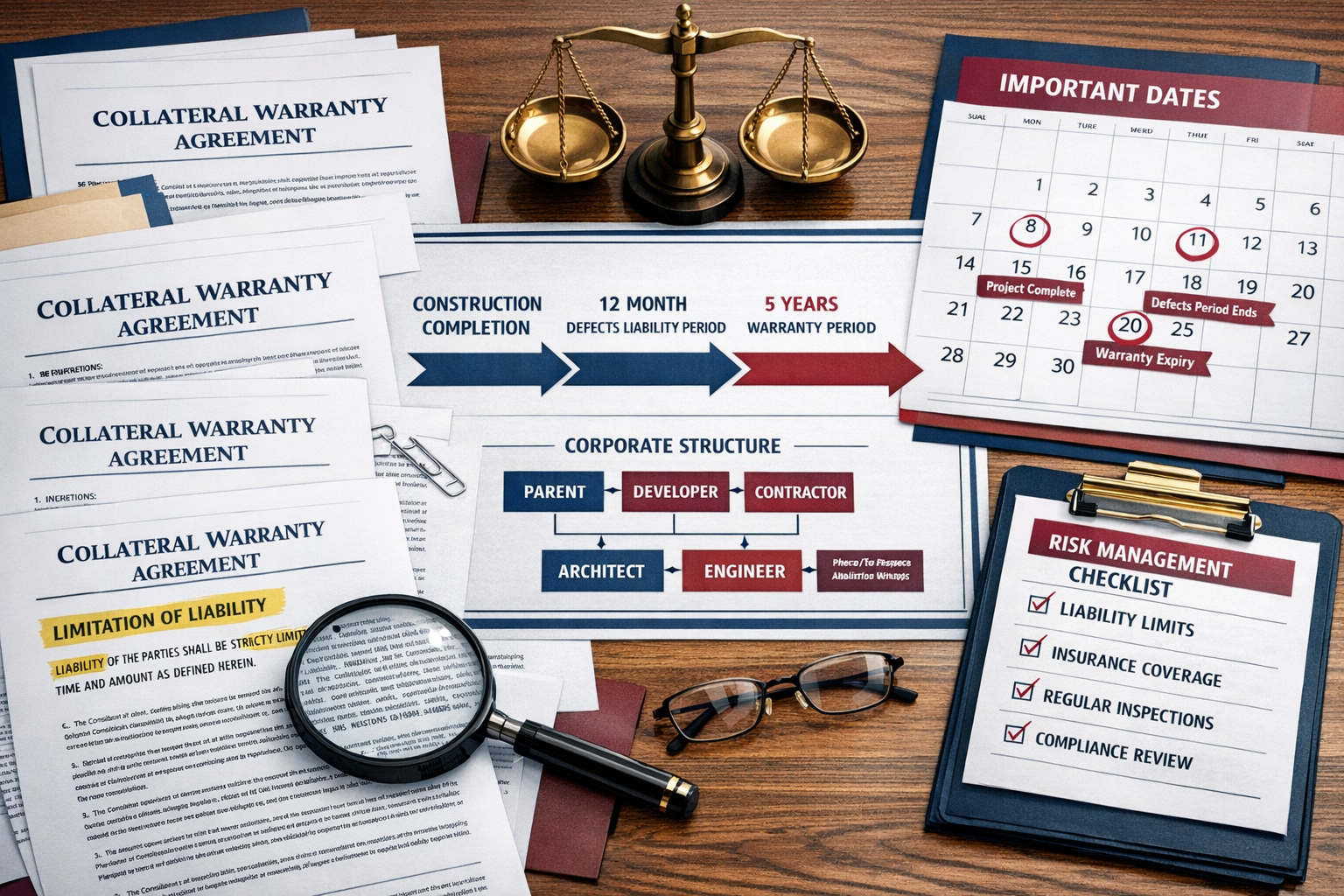 Comprehensive () visual representation of collateral warranty documentation and legal timeline diagram spread across modern