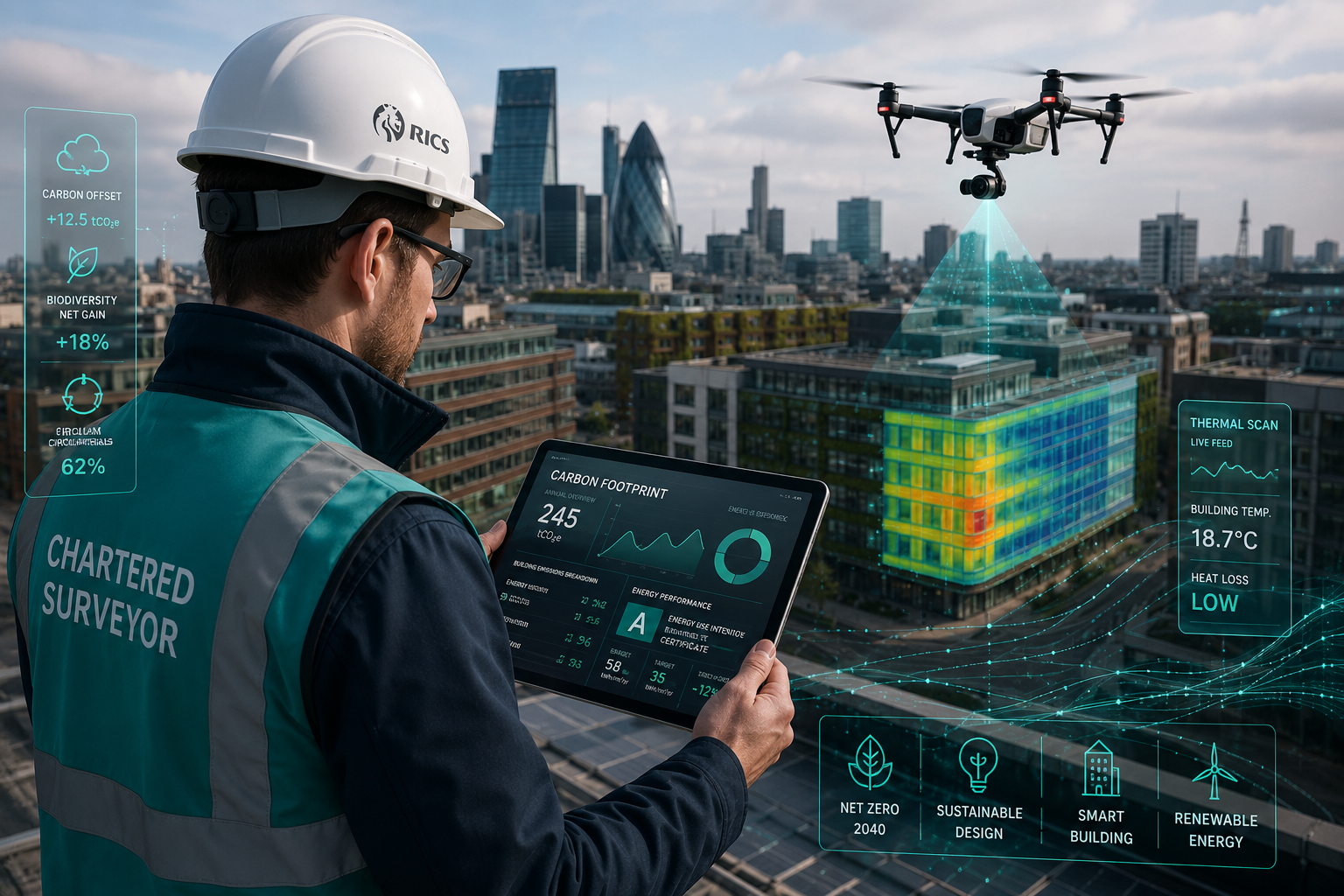 Detailed () showing a chartered surveyor on a rooftop using a tablet displaying carbon footprint data overlays and energy