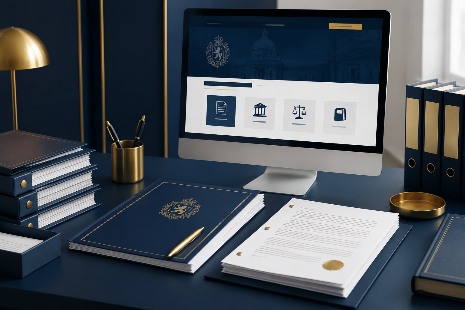 Modern bureau met geordende juridische documenten en een scherm met een officiële overheidswebsite voor het raadplegen van gecoördineerde statuten