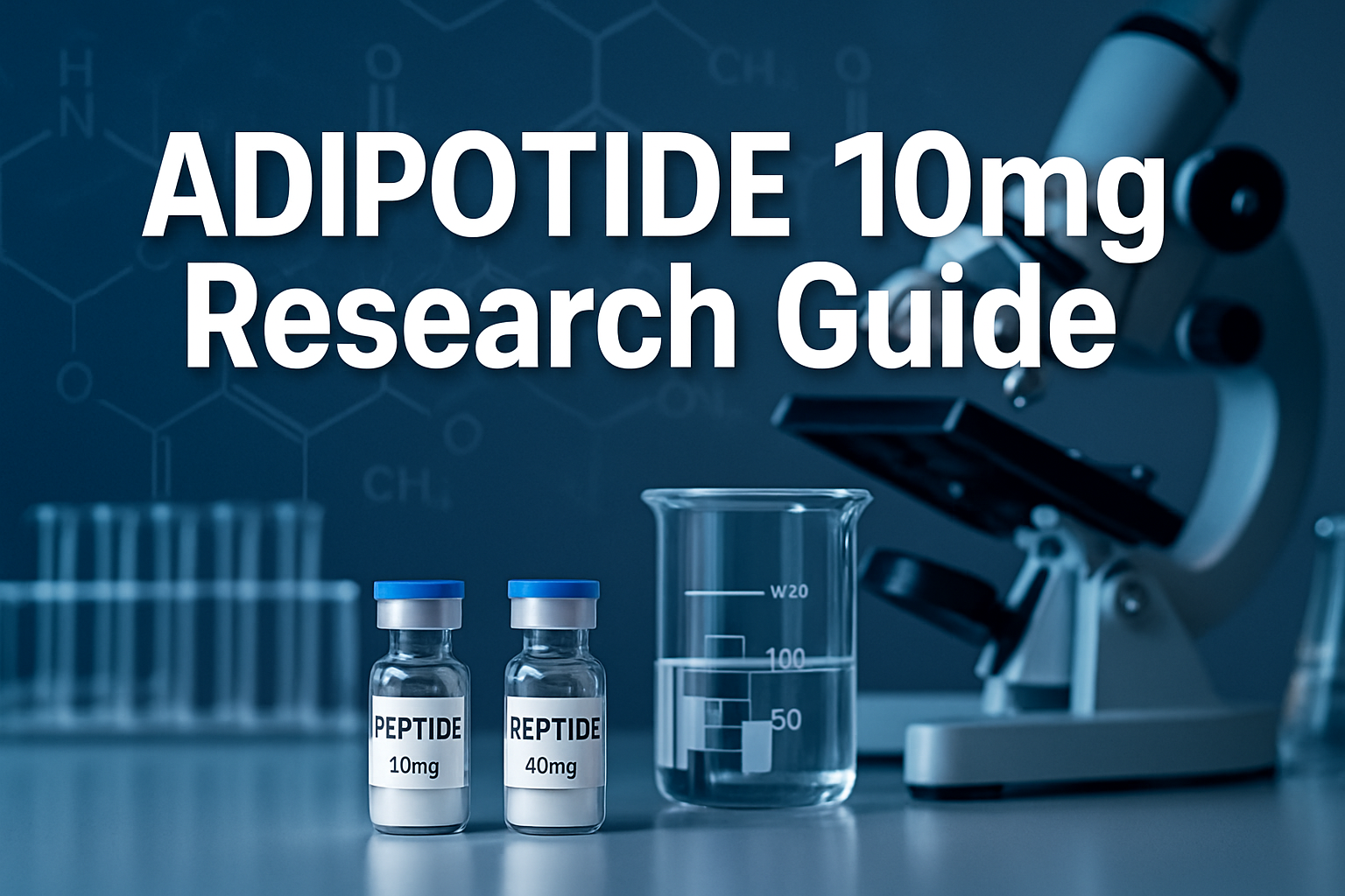 Professional landscape hero image (1536x1024) featuring bold text overlay 'Adipotide 10mg Research Guide' in extra large 72pt white sans-ser