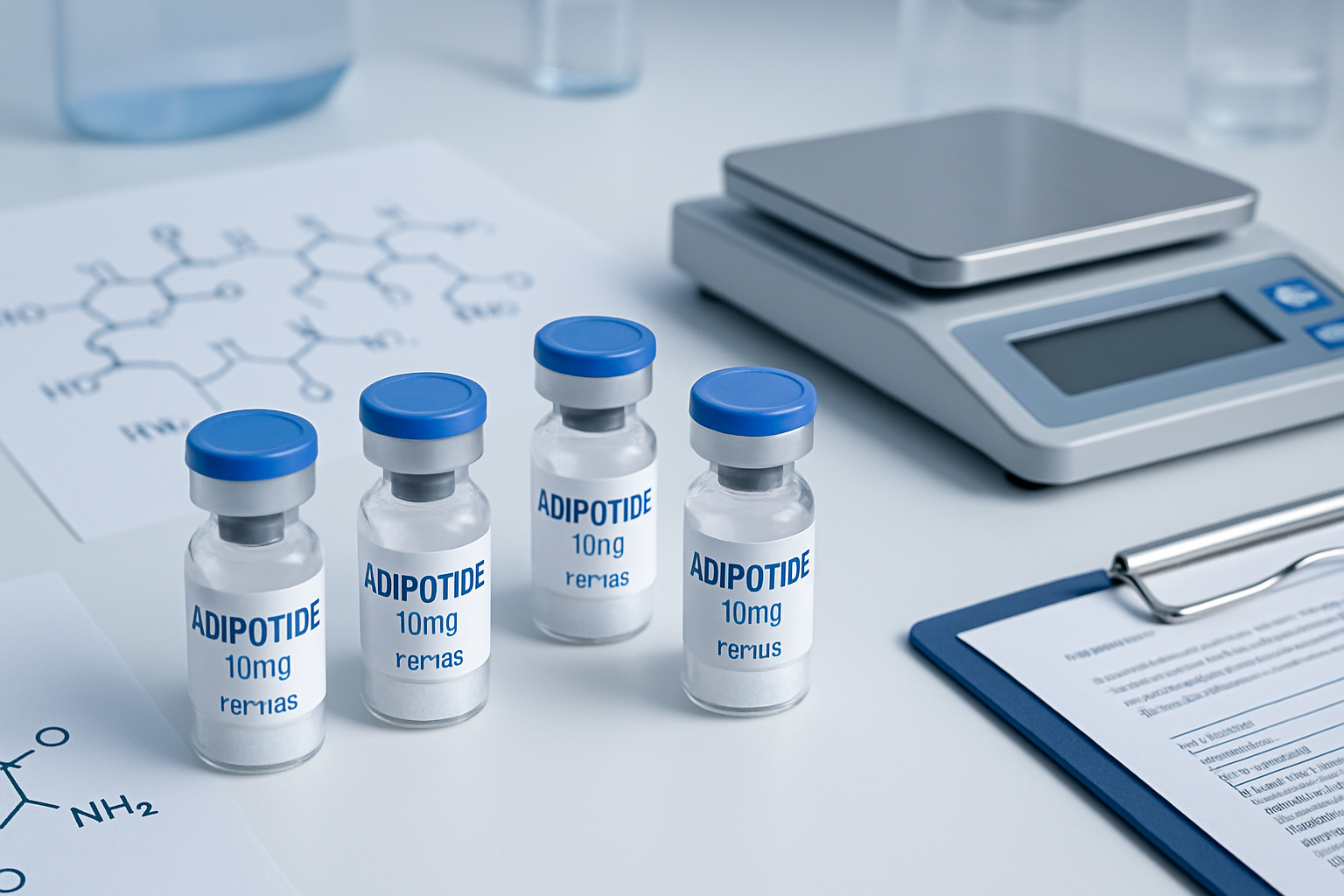 Scientific laboratory scene showing adipotide 10mg peptide vials arranged on clean white surface with molecular structure diagrams, research