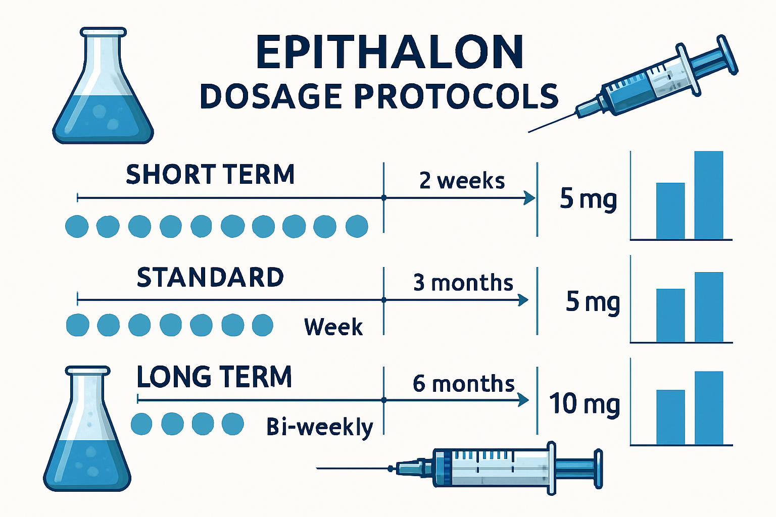 Scientific infographic showing epithalon dosage protocols with detailed measurement charts, timeline graphics showing injection schedules, d